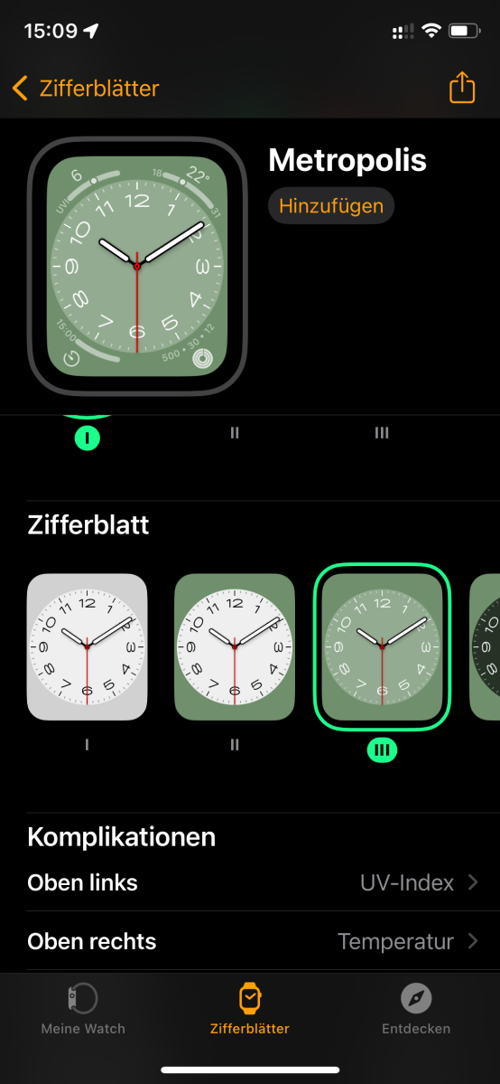 Das Metropolis-Zifferblatt versteckt auch eine farbliche Option.