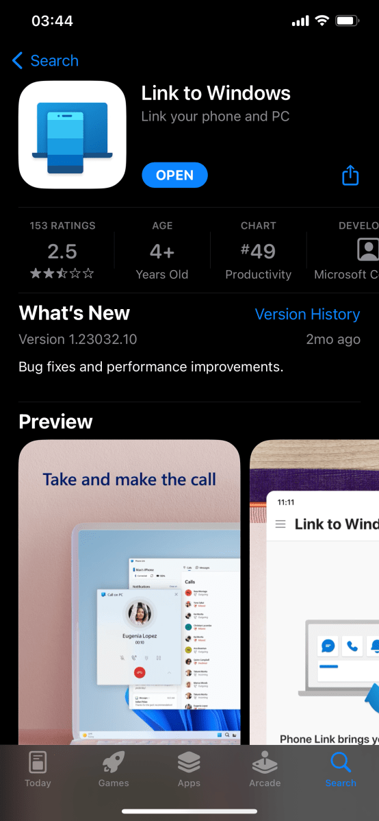Link to Windows app page in App Store