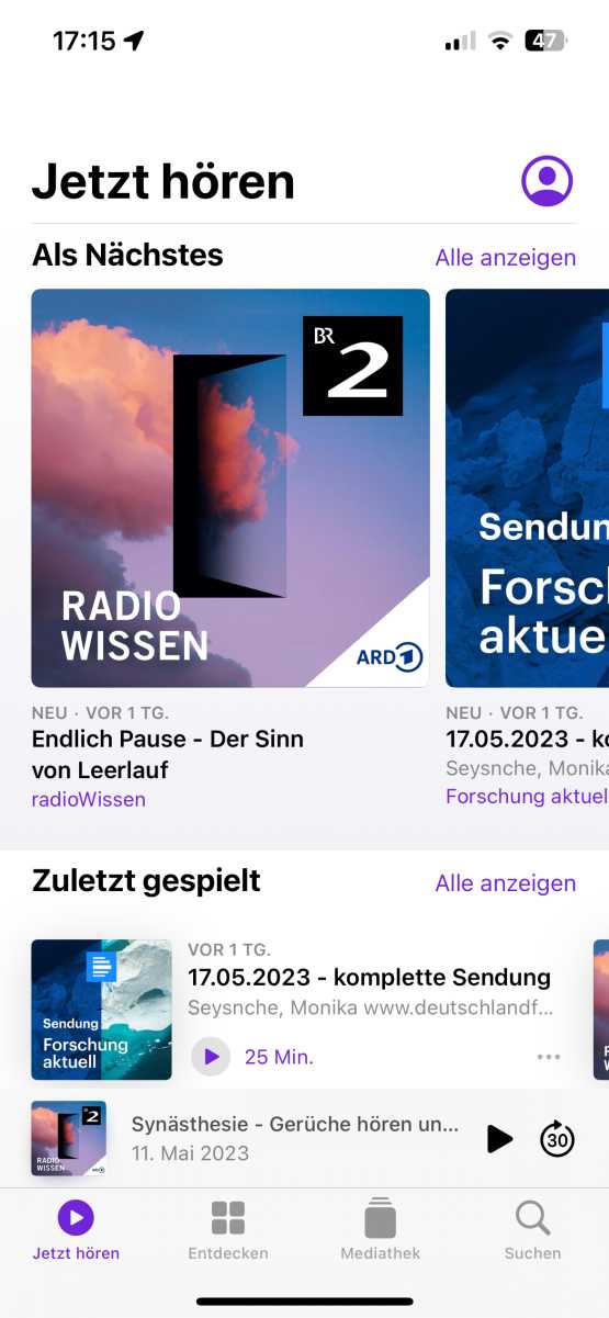 Startbildschirm der Podcasts-App