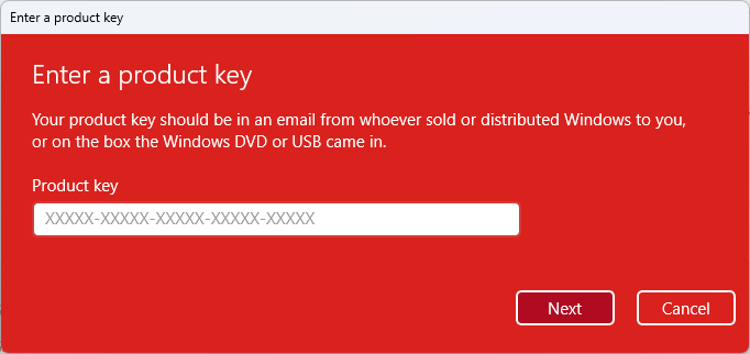 Windows 11 Home upgrade product key screen