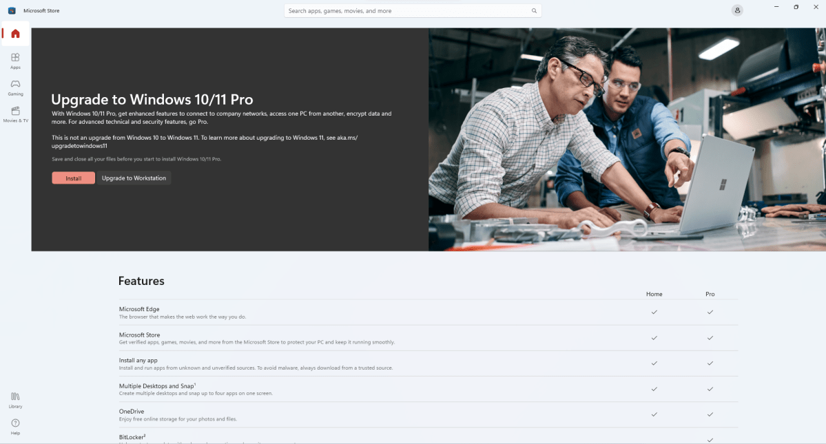 Windows 11 Home to Pro upgrade in Microsoft Store app