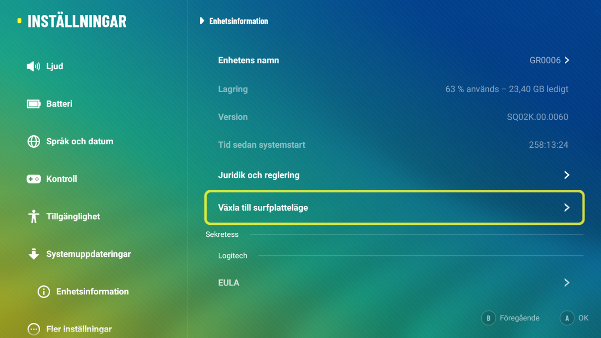 Inställningmenyn för att växla till surfplatteläge på Logitech G Cloud