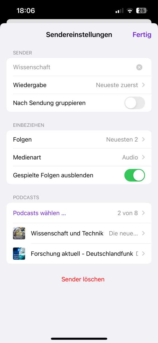 Einen Sender in der App konfigurieren