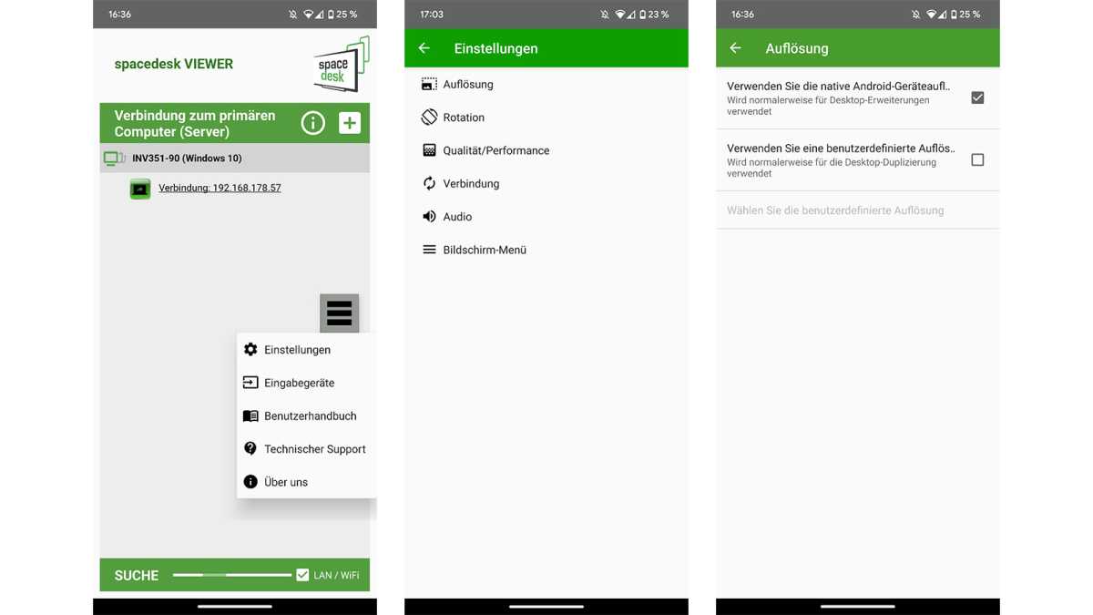 Spacedesk App mit Einstellungen auf Android-Handy
