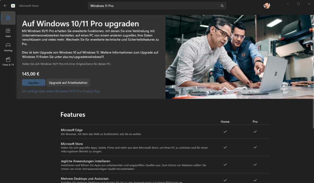 Im Microsoft Store können Sie von Windows 10/11 Home auf Windows 10/11 Pro wechseln