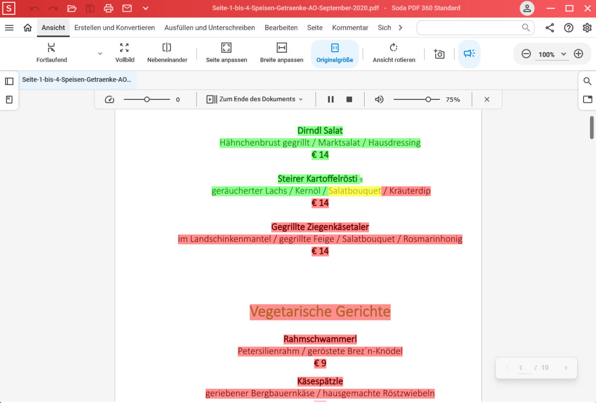 Der Menüpunkt „Ansicht“ verbirgt neben verschiedenen Layoutoptionen auch eine Vorlesefunktion für Ihre Dokumente. Die farbigen Markierungen zeigen, was bereits gelesen wurde (grün), die aktuelle Stelle (gelb) und den verbleibenden Text (rot).