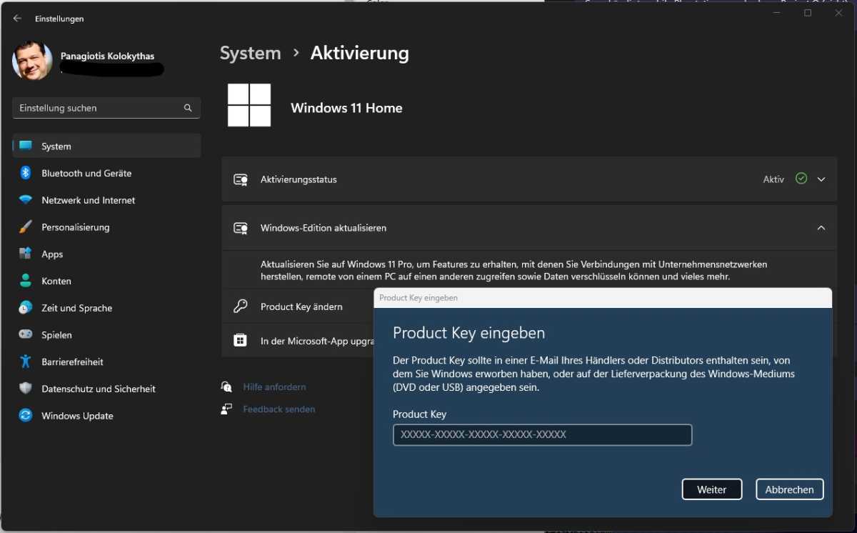 Die Aktivierungseinstellungen von Windows 11. Hier können Sie einfach von Windows 11 Home zu Windows 11 Pro wechseln