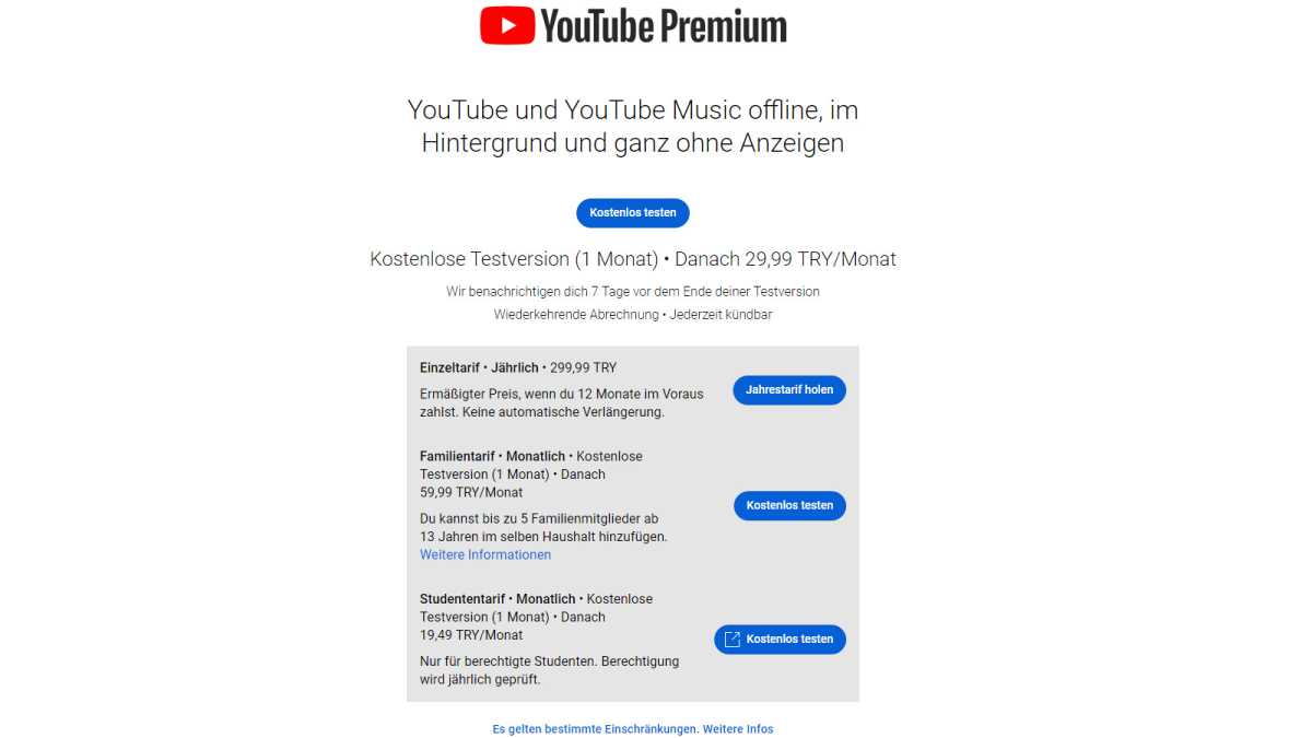 Youtube Premium Jahrestarif