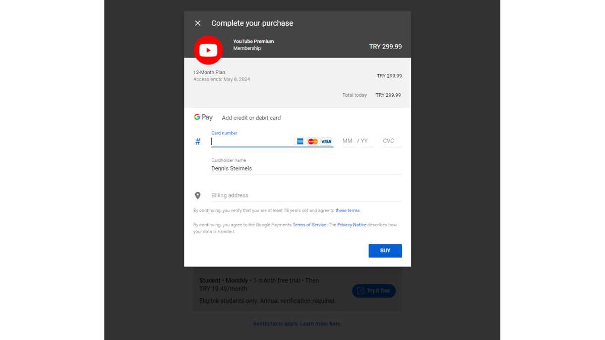 Youtube Premium Kreditkarte
