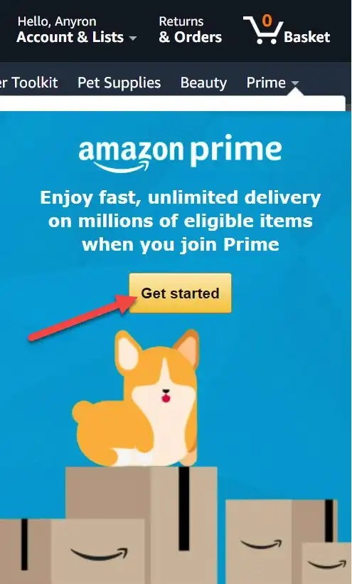 Amazon 'try prime' screenshot