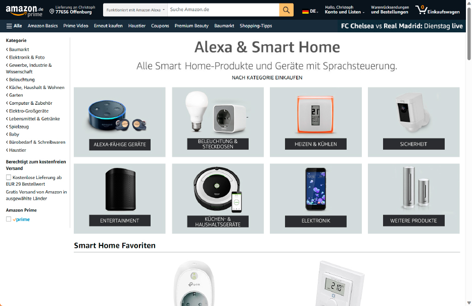 Bei Amazon gibt es eine eigene Landing-Page für Alexa und Smart Home. In den einzelnen Rubriken finden Sie zahlreiche Produkte. Lassen Sie sich inspirieren, und nutzen Sie die regelmäßigen Aktionsangebote.