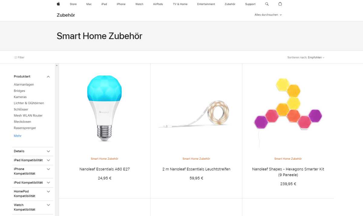 Bei Apple gibt es eine kleine, aber feine Auswahl an Smart-Home-Komponenten für den Apple-Kosmos. Allerdings sollten Sie die Preise mit anderen Shops vergleichen – das spart bei einigen Produkten viel Geld.