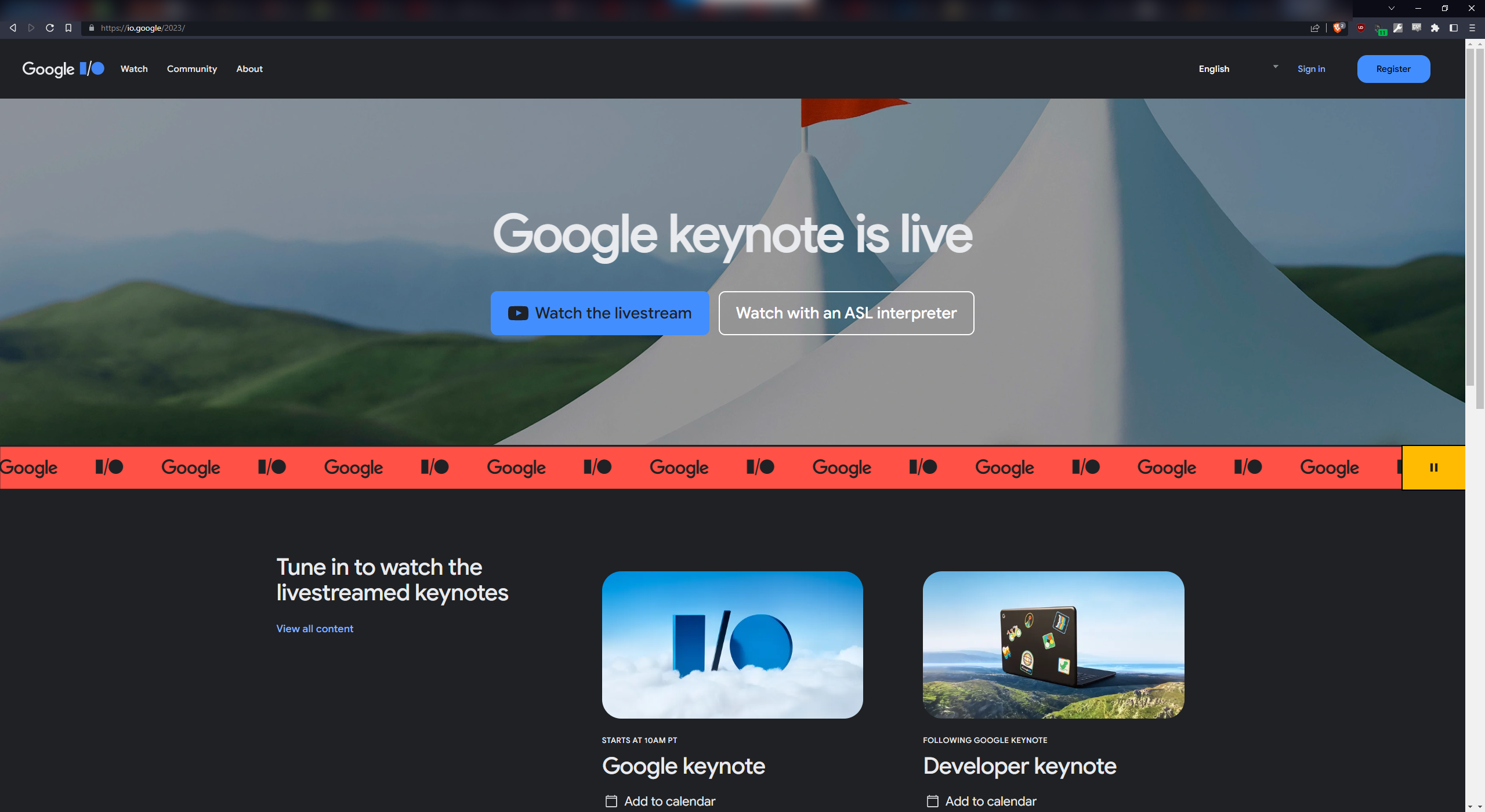 Google I/O Keynote livestream with no cookie consent overlay in Brave