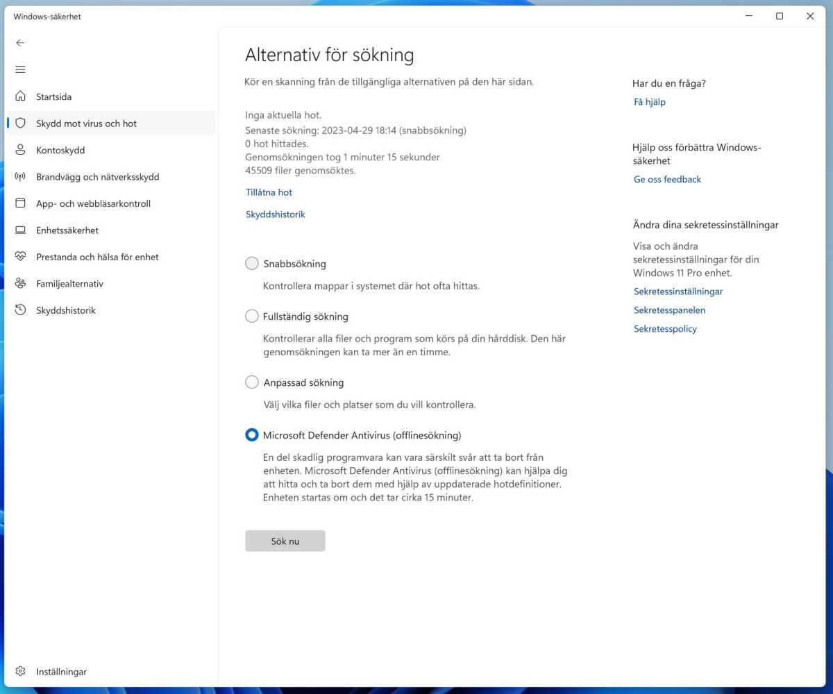Offline-sökning med Microsoft Defender