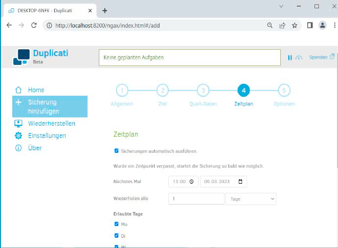 Duplicati: Regelmäßige zeitgesteuerte Backups von Dateien und Ordnern übernimmt dieses Programm. Die Konfiguration erfolgt über den Browser.