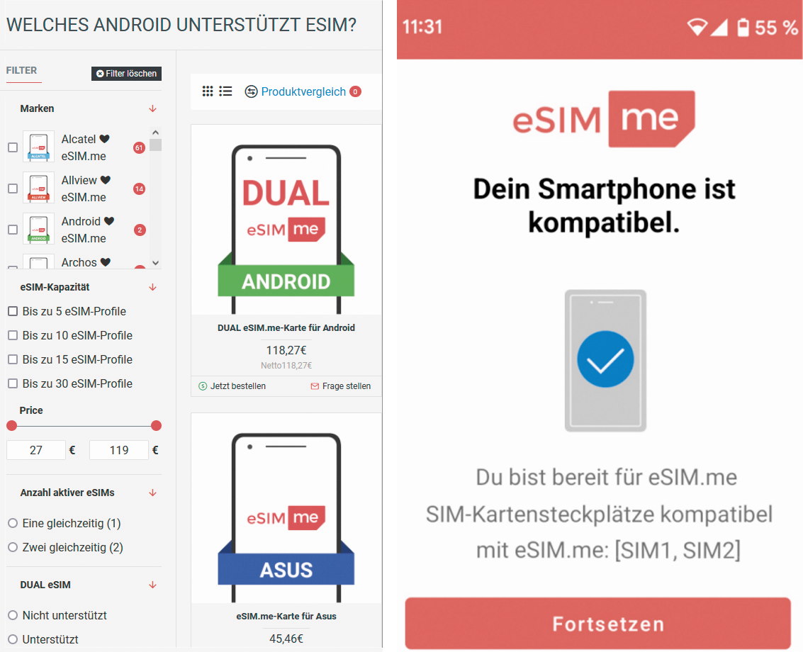 Onlineübersicht eSIM-Karten