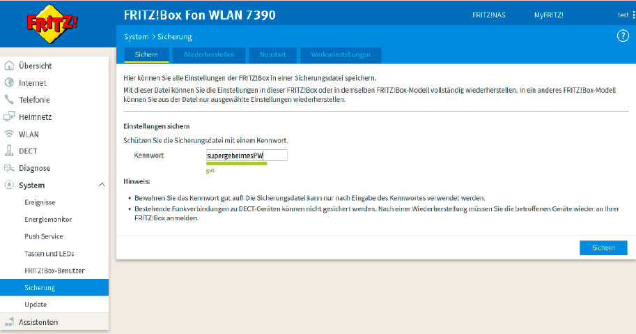 Für den Export der Einstellungen aus Ihrer alten Fritzbox – in diesem Fall einer Fritzbox 7390 – vergeben Sie ein Kennwort, das Sie später für den Import ins neue Modell benötigen.