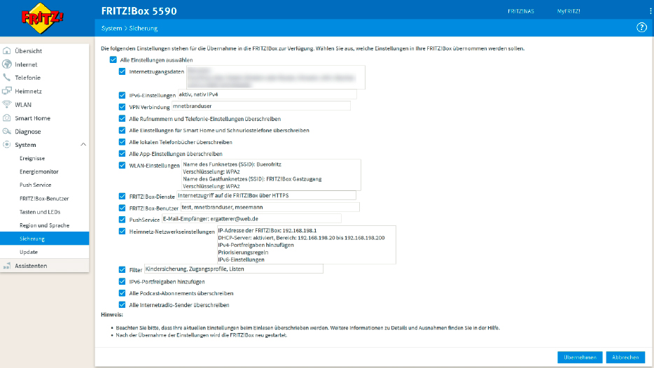 Der Umfang der Liste mit den Import-Einstellungen hängt von den verschiedenen Einstellungen ab, die Sie in der alten Fritzbox vorgenommen haben.