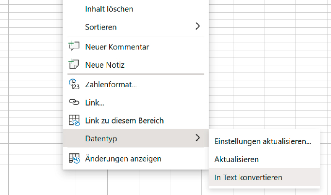 Vor der Weitergabe von Excel-Tabellen müssen Spezialformate wie „Geografie“ in Text konvertiert werden, damit der Transfer der Daten funktioniert.