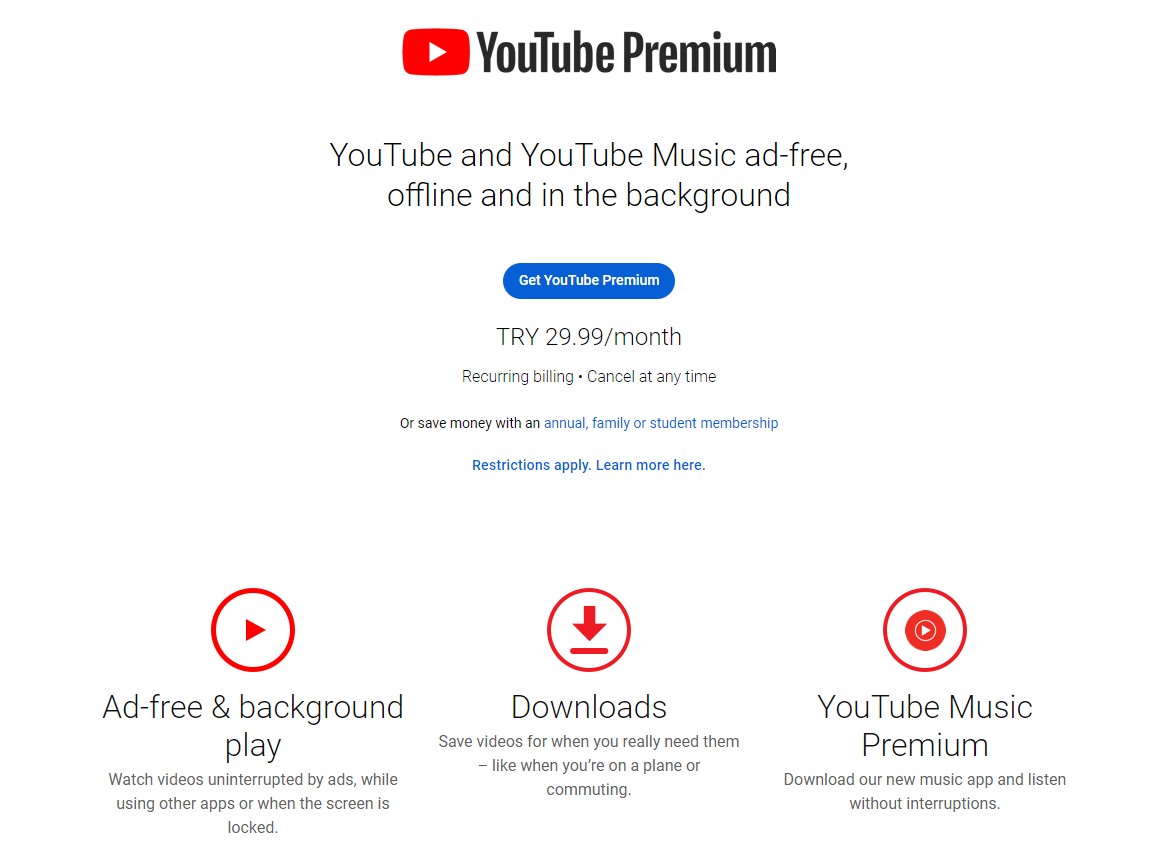 Página de suscripción de YouTube Premium