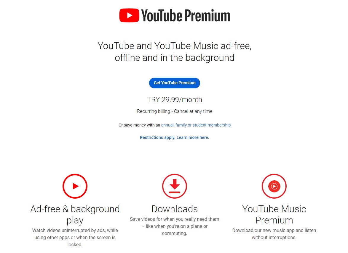 YouTube Premium signup page