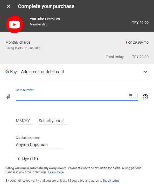 YouTube Premium signup page