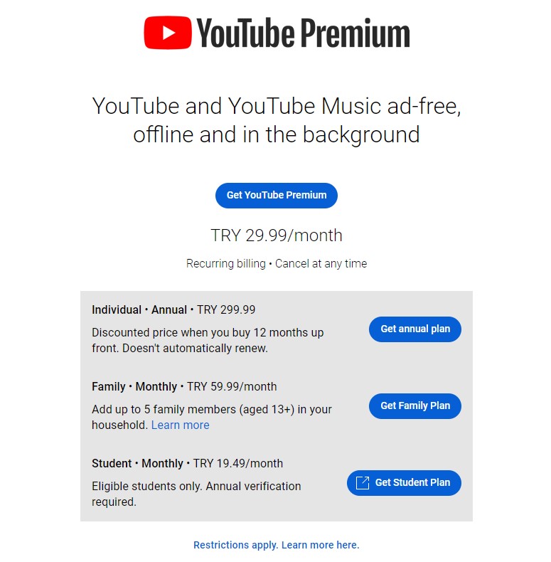 YouTube Premium signup page