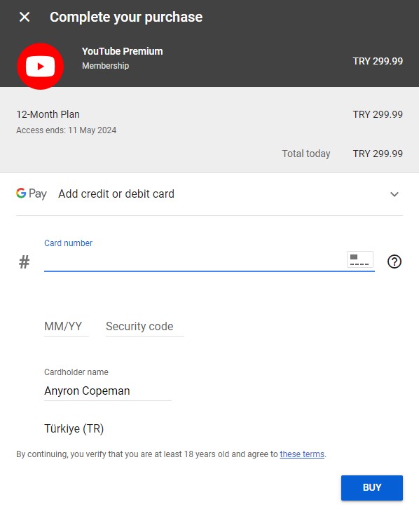 YouTube Premium signup page