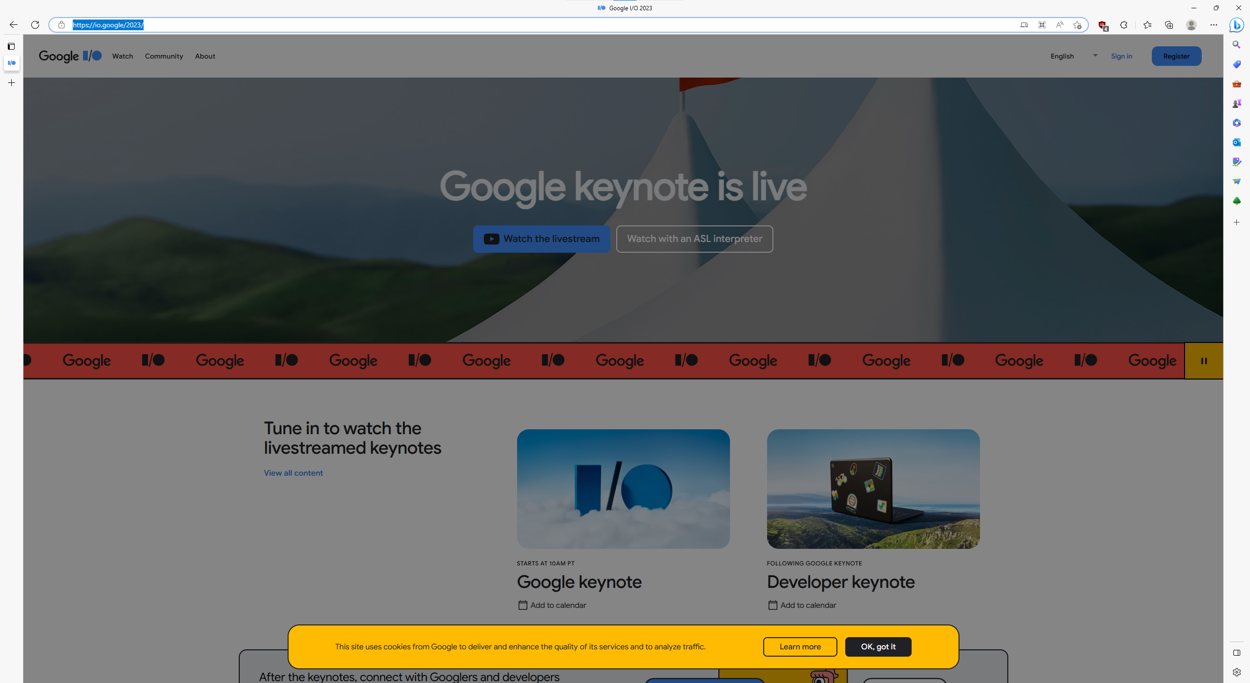 Google I/O Keynote livestream cookie consent overlay in Edge