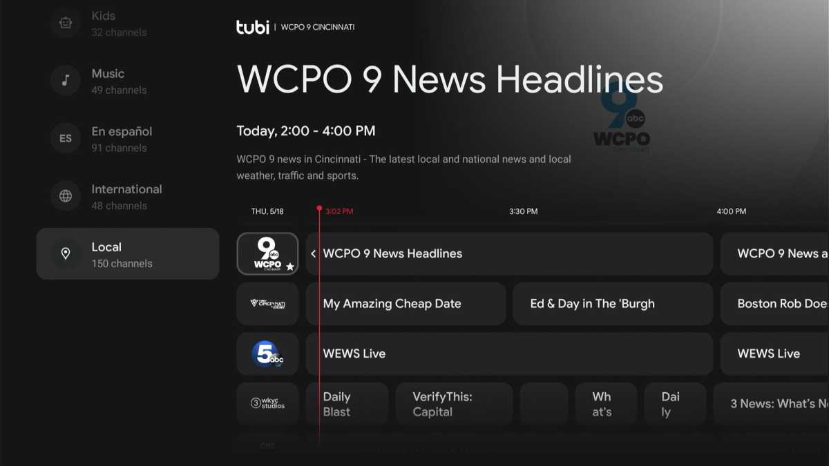 Google TV Live tab showing local channels
