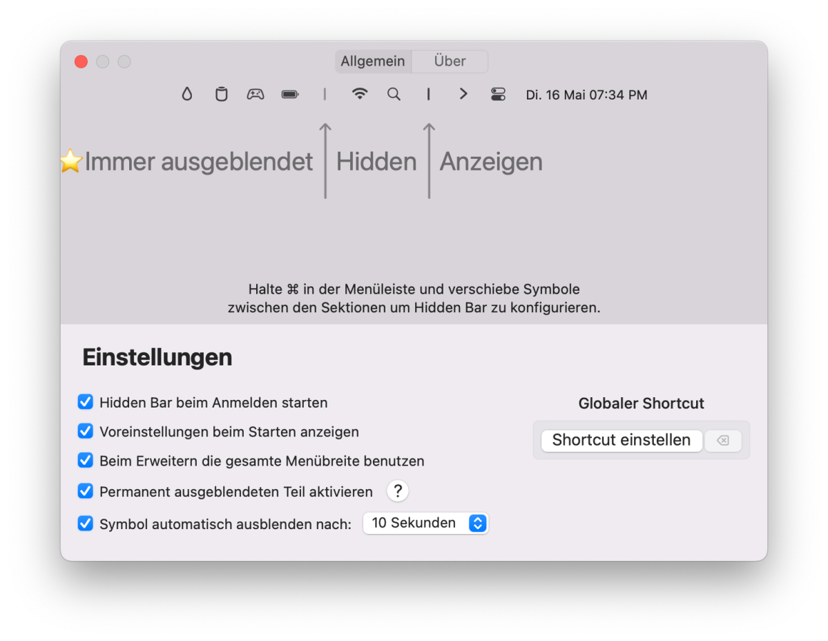macOS HiddenBar Einstellungen