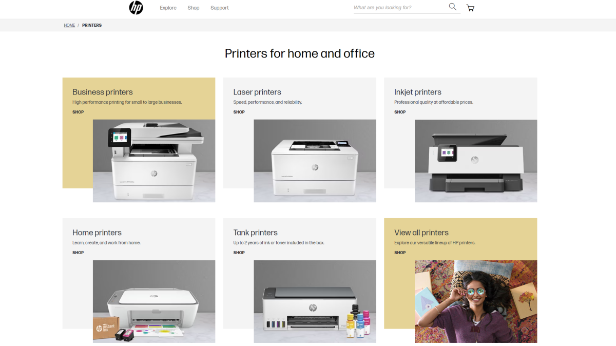 HP printer product page on hp.com