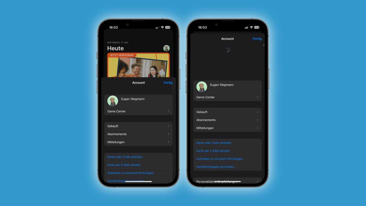 Account-Karte im App Store unter iOS 16