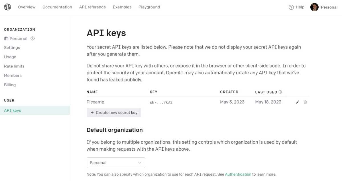 OpenAI secret key creation