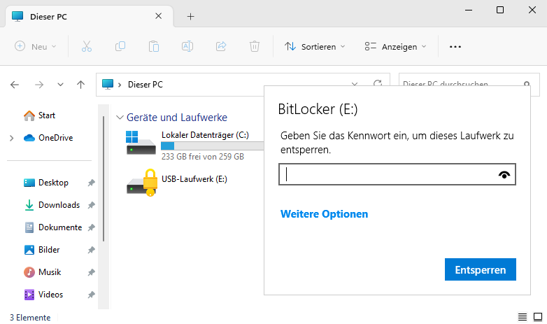 Laufwerk entsperren: Im Windows-Explorer ist ein Bitlocker-Laufwerk am Schloss-Symbol zu erkennen. Wenn Sie es öffnen, fragt Windows nach dem Passwort. Das funktioniert auch mit der Home-Edition.