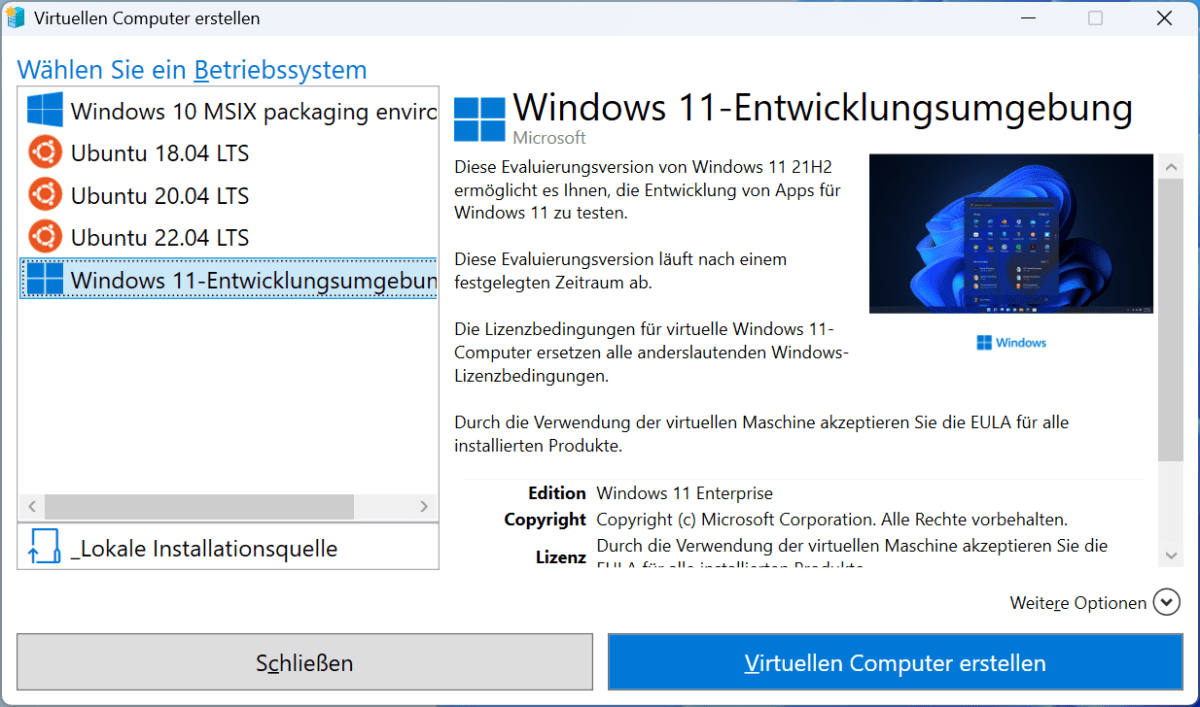 Virtuelle Maschine anlegen: Die Hyper-V-Schnellerstellung erledigt den Download des gewünschten Betriebssystems und legt eine VM mit einer Standardkonfiguration an.