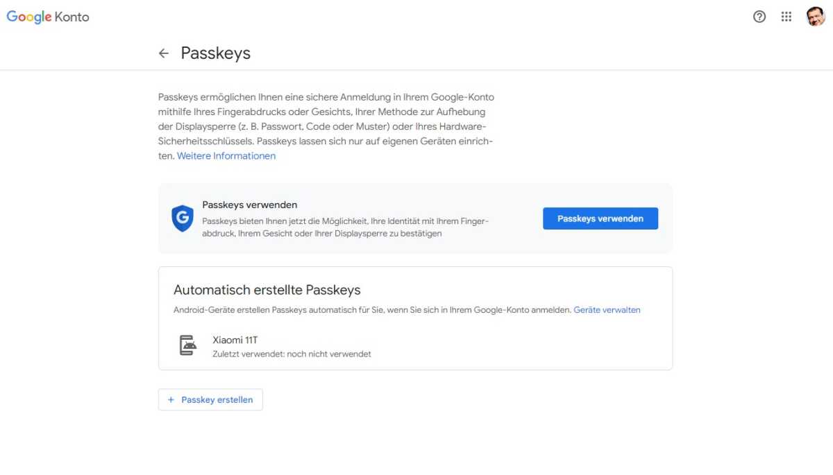 Der Bildschirm, den Sie nach der Aktivierung von Passkeys sehen.