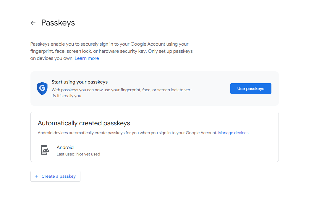 Passkey setup screen in Google account