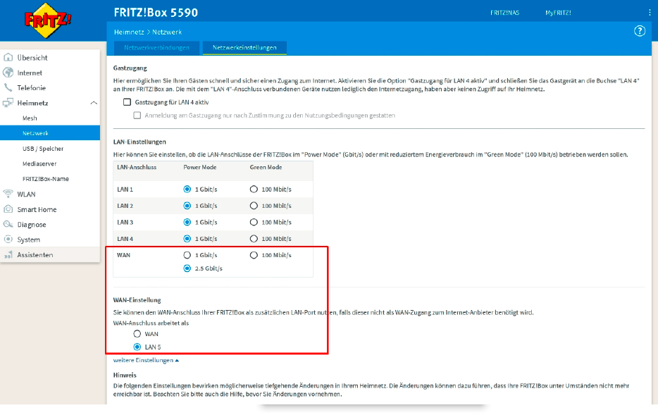 Bei dieser Fritzbox 5590 Fiber sollte der WAN-Port im „Power Mode“ mit 2,5 GBit/s laufen und außerdem als „LAN 5“ eingerichtet sein, sofern die Internetanbindung über das ONT-Modul des Routers erfolgt.