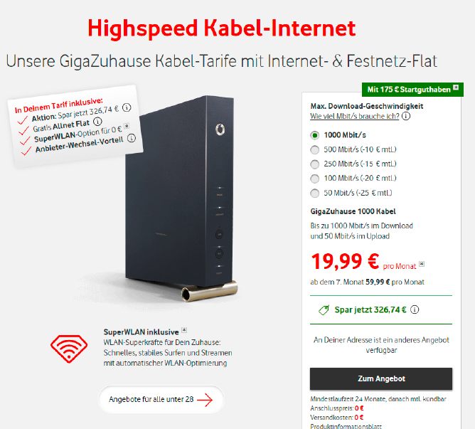 Per Kabelanschluss oder Glasfaser bekommen Sie Internet-Tarife mit Gigabit- Tempo. Voraussetzung ist ein passender Router, der diese Geschwindigkeit unterstützt.