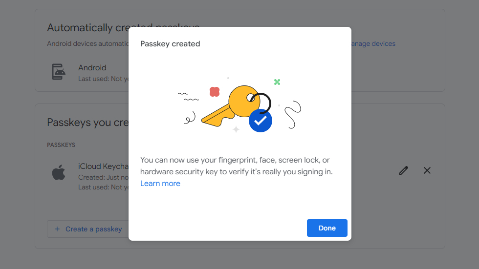 manually created passkey for google account