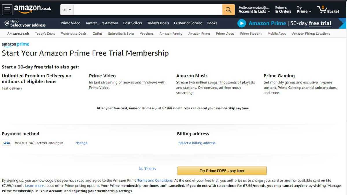 Amazon Prime free trial membership