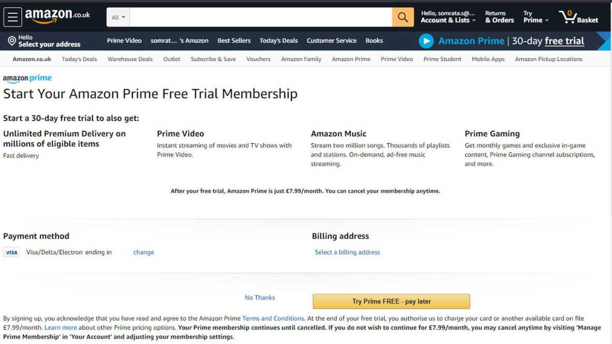 Amazon Prime free trial membership