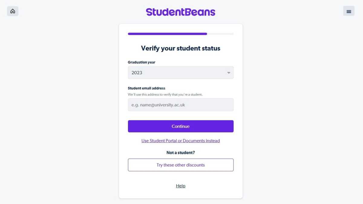 Student Beans verify student status page