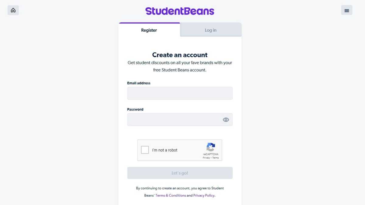 Student Beans register page