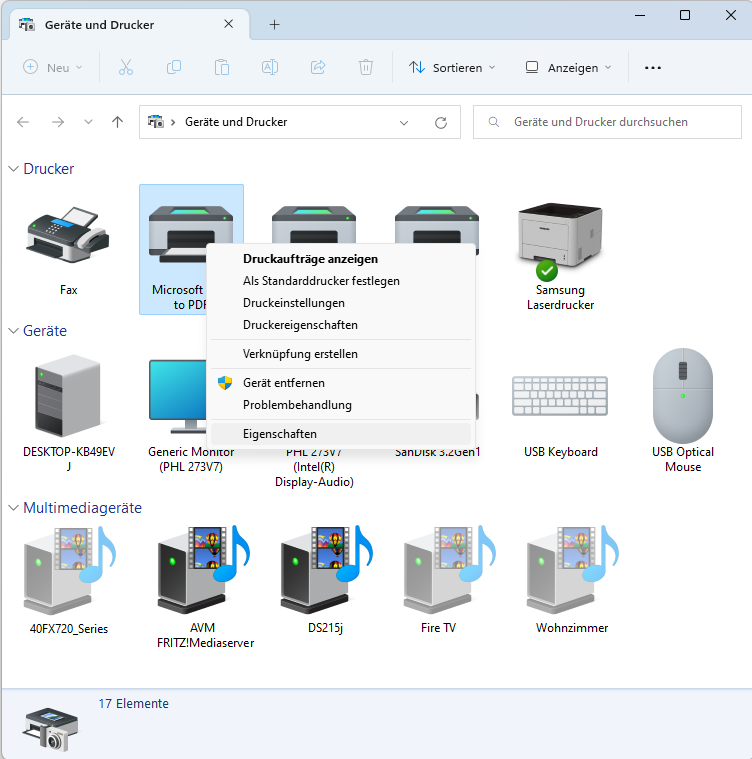 Sieht aus wie die Systemsteuerung, doch die Funktion „Geräte und Drucker“ ist von dort in Windows 11 aber nicht mehr zu erreichen, sondern Bestandteil der Einstellungen-App.