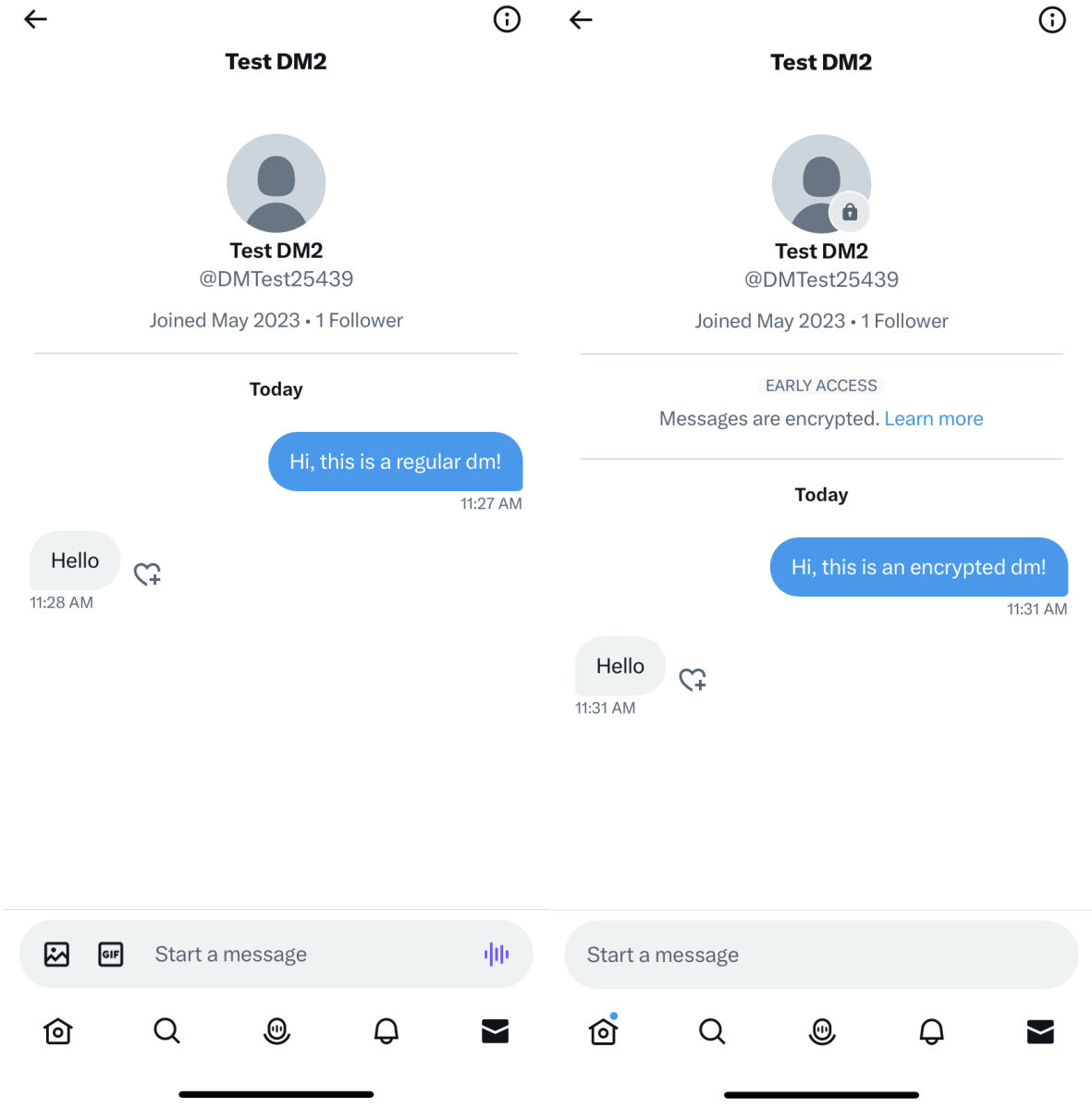 Normal och krypterad konversation på Twitter