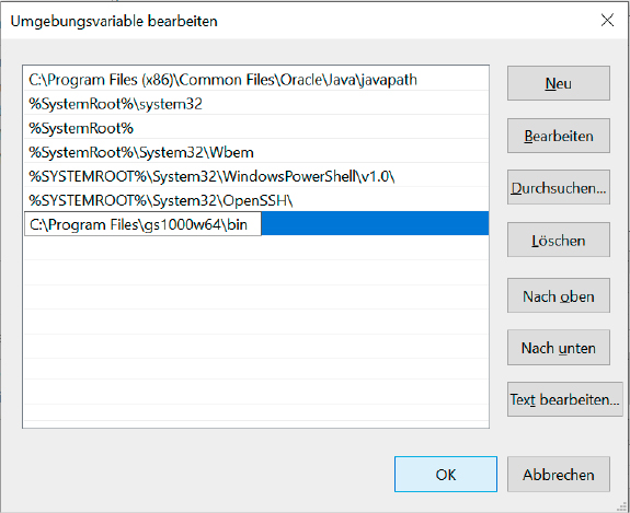 Mit der Erweiterung der Systemvariablen „Path“ machen Sie Ghostscript in anderen Programmen wie Inkscape verfügbar.