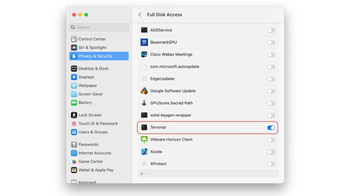 Terminal de acceso completo al disco de macOS Ventura