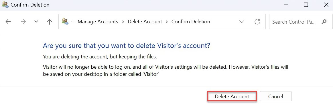 Windows 11 delete user account method screenshot